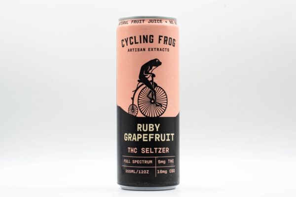 A single can of Ruby Grapefruit THC Seltzer by Cycling Frog Artisan Extracts, on a white background