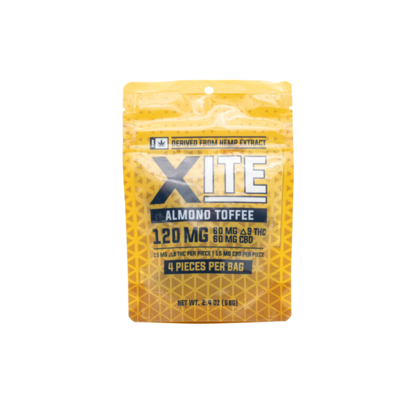 A bag of XITE's 1:1 Almond Toffee standing on a white background
