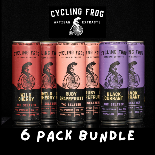 6 cans of Cycling Frog THC Seltzers lined up next to each other on a black background.