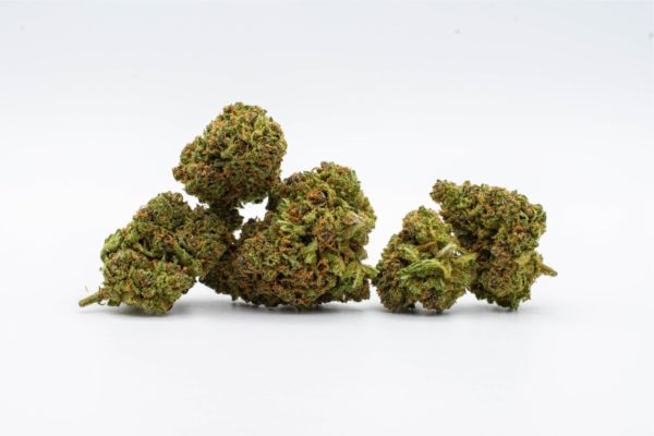 5 Pink Panther hemp flower buds stacked together on a white background.