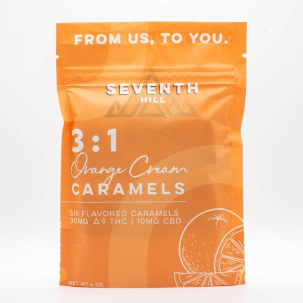 A bag of 3:1 Orange Cream Caramels, on a white background.