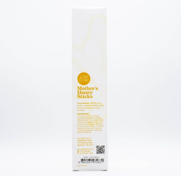 The backside of 5 pack box of Mother's Honey Sticks by Snapdragon Hemp, on a white background