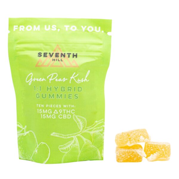 A bag of 3:1 Indica Gummies by Seventh Hill CBD, next to a pile of the gummies, on a white background