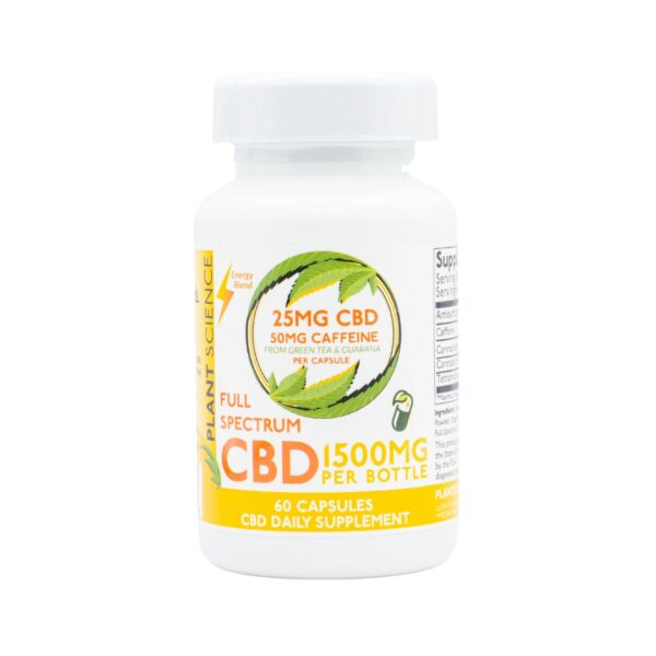 A bottle of Plant Science Laboratories CBD Caffeine Capsules, on a clear background