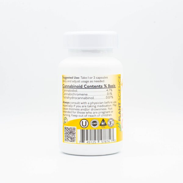 The backside of a bottle of Plant Science Laboratories CBD Caffeine Capsules, on a white background