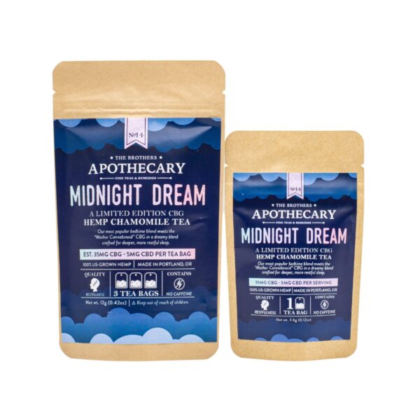 Two packets of The Brothers Apothecary's Midnight Dream tea, one large and one small, on a white background