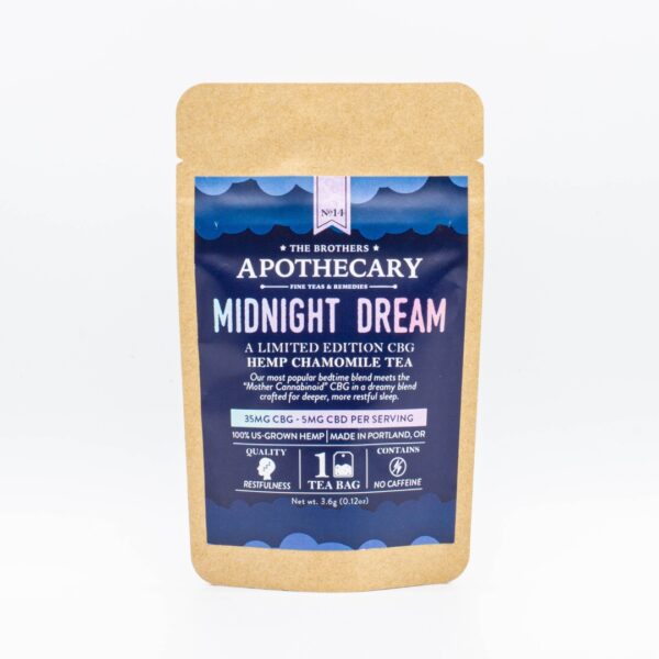 A small packet of The Brothers Apothecary's Midnight Dream Tea on a white background