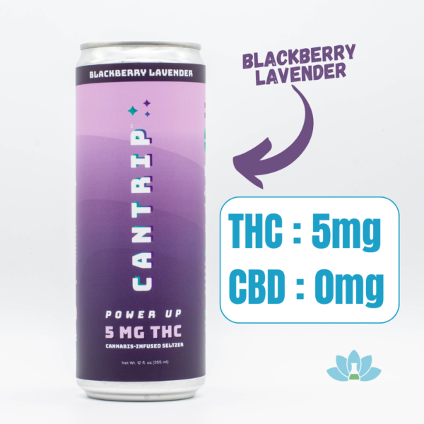 A can of Blackberry Lavender Cantrip Selzter on a white background with a sign next to it showing the CBD & THC potency.
