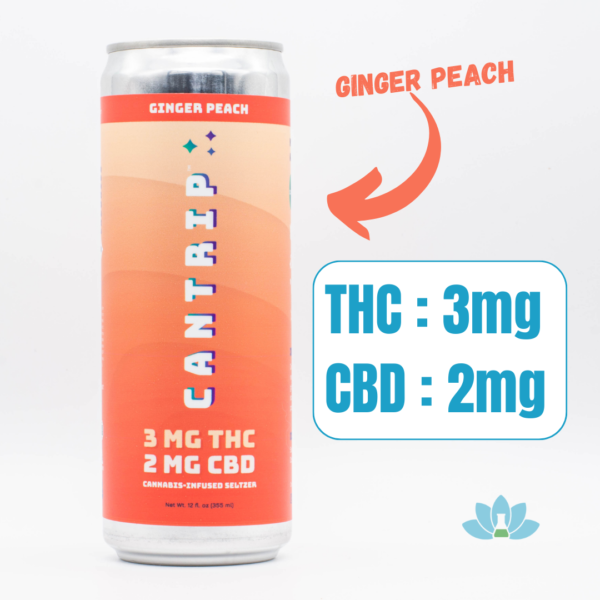 A can of Ginger Peach Cantrip Selzter on a white background with a sign next to it showing the CBD & THC potency.