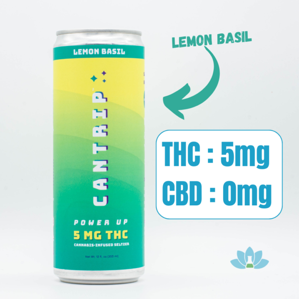A can of Lemon Basil Cantrip Selzter on a white background with a sign next to it showing the CBD & THC potency.