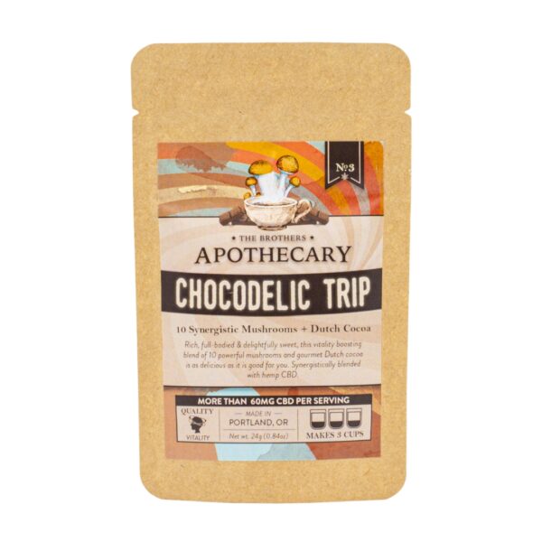 A small packet of The Brothers Apothecary's Chocodelic Trip CBD Hot Chocolate Mix on a white background.