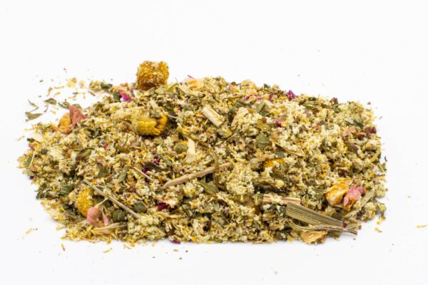 A pile of loose Midnight Dream tea by The Brothers Apothecary on a white background