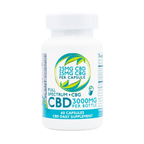 A bottle of Plant Science Laboratories CBD + CBG Capsules, on a clear background