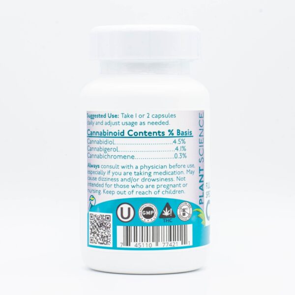 The backside of a bottle of Plant Science Laboratories CBD + CBG Capsules, on a white background