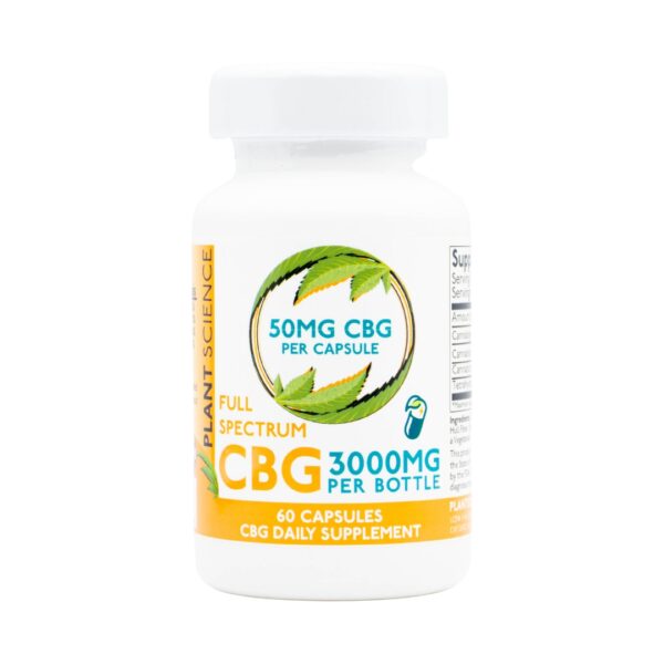 A bottle of Plant Science Laboratories CBG Capsules, on a clear background