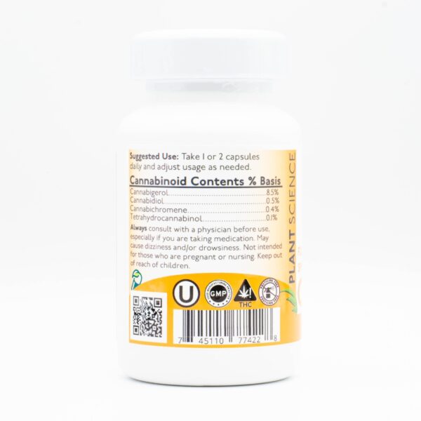 The backside of a bottle of Plant Science Laboratories CBG Capsules, on a white background