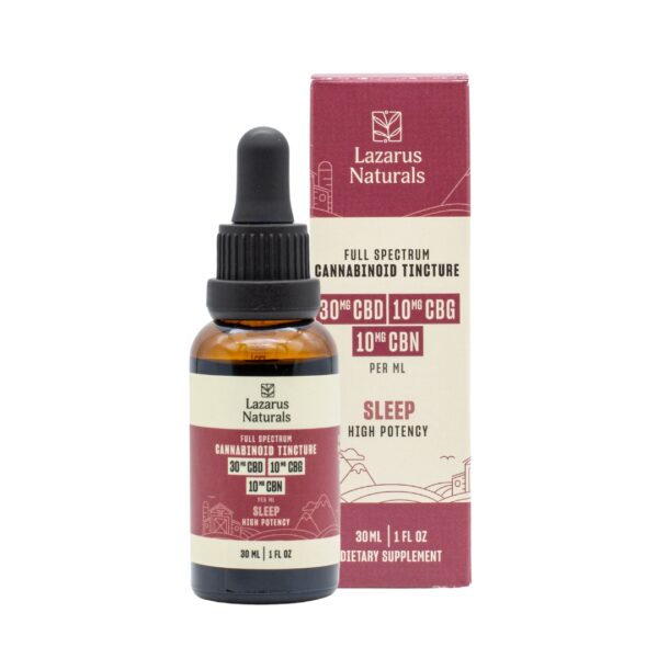 A tincture of Lazarus Naturals High Potency Sleep Oil, next to its box, on a clear background