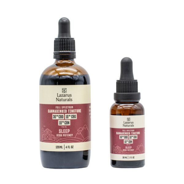 One large and one small bottle of Lazarus Naturals High Potency Sleep Oil, on a white background