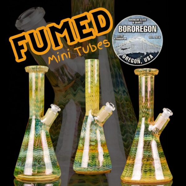 A photo of 3 of BorOregon's full fumed minitubes on a black background next to a BorOregon logo.