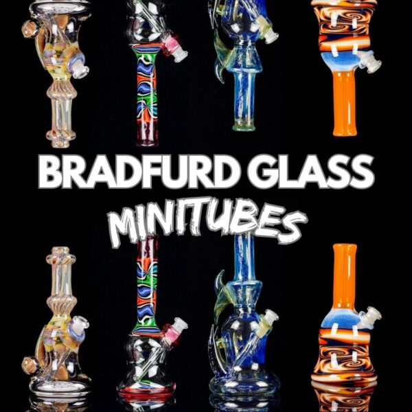 A photo composed of 4 different Bradfurd Glass minitube rigs on a black background.
