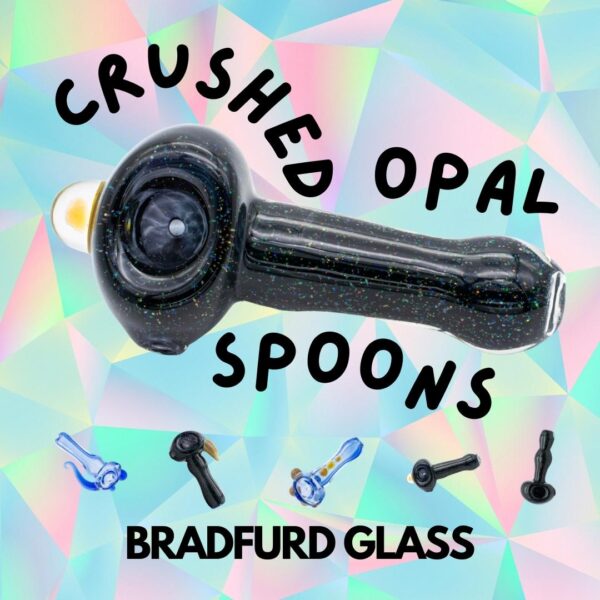 A photo with various Bradfurd Glass Crushed Opal Spoons scattered randomly over the image to show the different styles available. The spoons are over a pastel colored background.