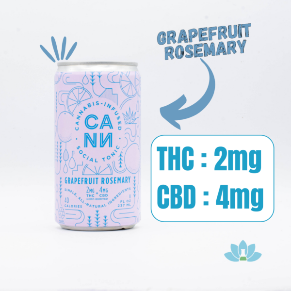 A can of CANN's Grapefruit Rosemary alone on a white background next to a board showing the THC and CBD potency.