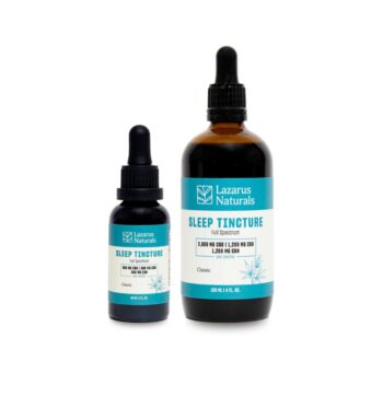 One large and one small bottle of Lazarus Naturals High Potency Sleep Oil, on a white background