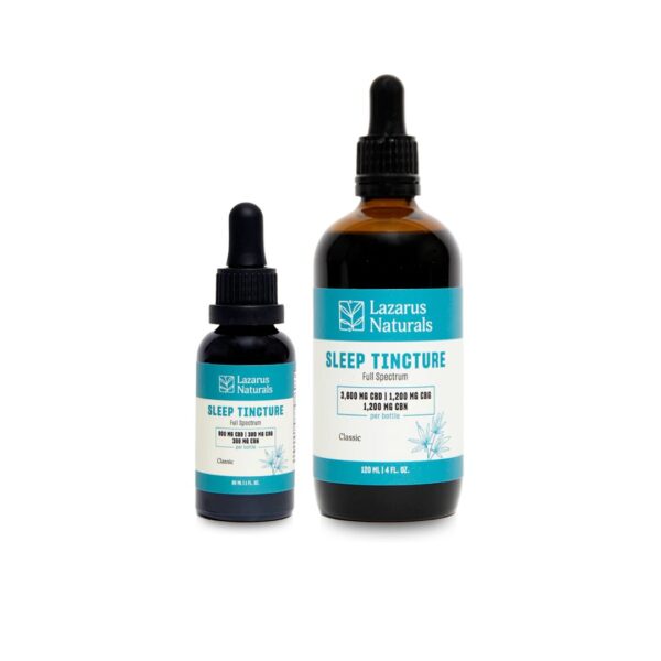 One large and one small bottle of Lazarus Naturals High Potency Sleep Oil, on a white background