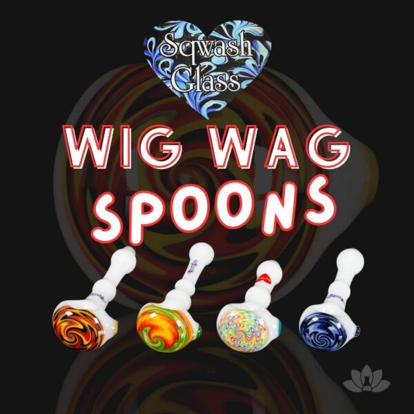 A group shot of Sqwash Glass Wig Wag spoons on a black background with a giant logo of Sqwash Glass
