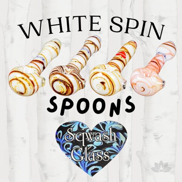4 various White Spin Spoons by Sqwash Glass next to each other on a white background and a Sqwash Glass logo