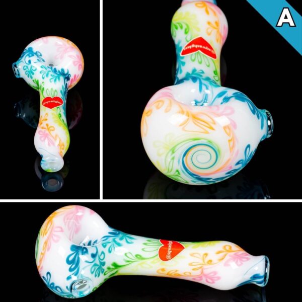 A collage of photos, showing different angles, of the Sqwash Glass Rainbow Vine Spoon A