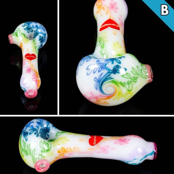 A collage of photos, showing different angles, of the Sqwash Glass Rainbow Vine Spoon B