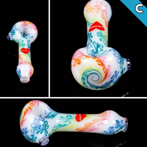 A collage of photos, showing different angles, of the Sqwash Glass Rainbow Vine Spoon C