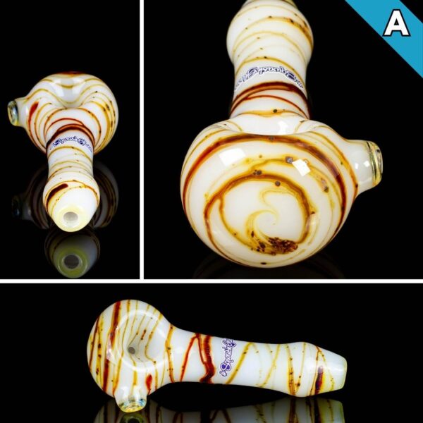 A collage of photos, showing different angles, of the Sqwash Glass White Spin Spoon A