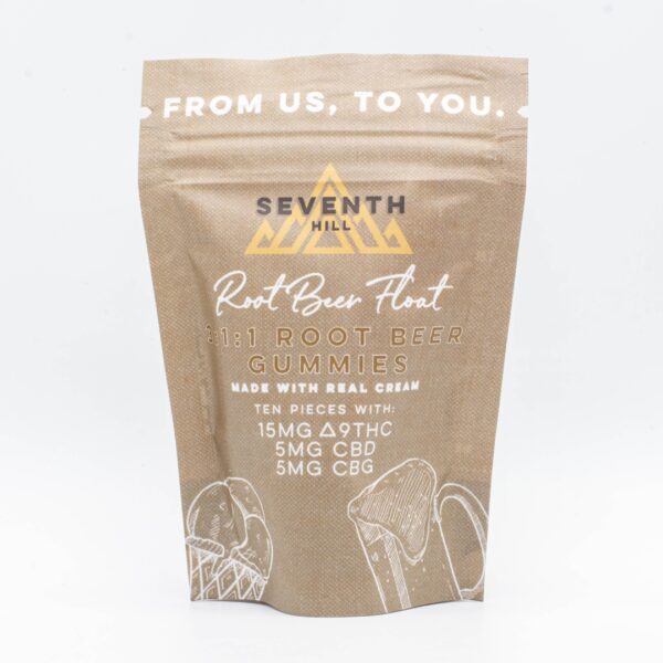 A package of Seventh Hill CBD's 3:1:1 Root Beer Float Gummies on a white background