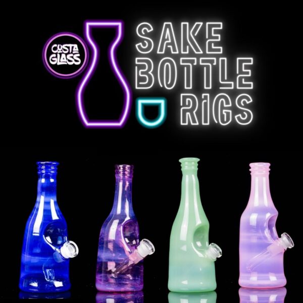 A family photo of 4 Costa Glass Sake Bottle Rigs next to each other on a black background.