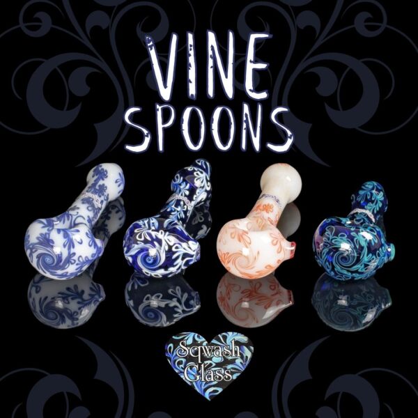 A family photo of 4 Sqwash Glass Vine Spoons next to each other on a black background above the Sqwash Glass logo