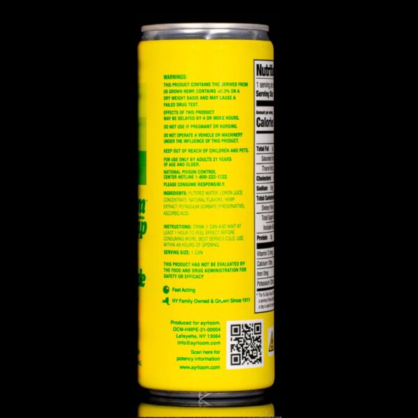 The backside of a single can of hemp infused lemonade by Ayrloom hemp, on a black background