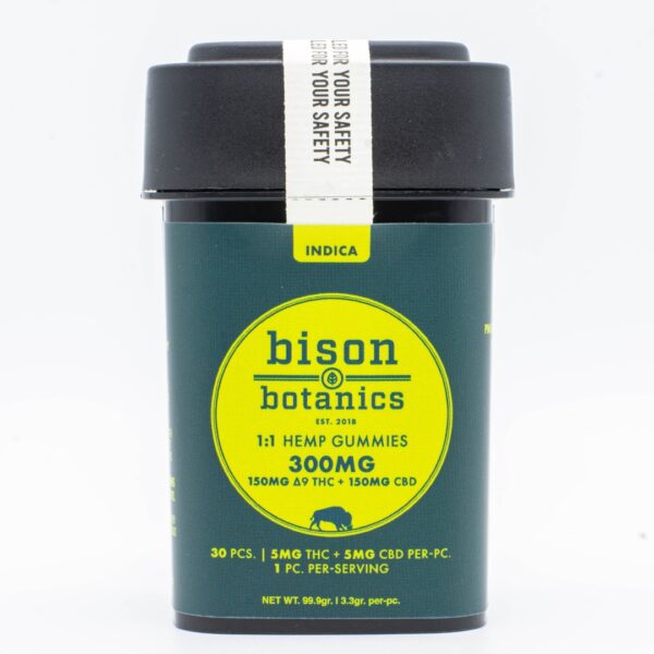 A 30-count container of Bison Botanics 1:1 Indica Gummies, on a white background