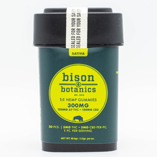 A 30-count container of Bison Botanics 1:1 Sativa Gummies, on a white background