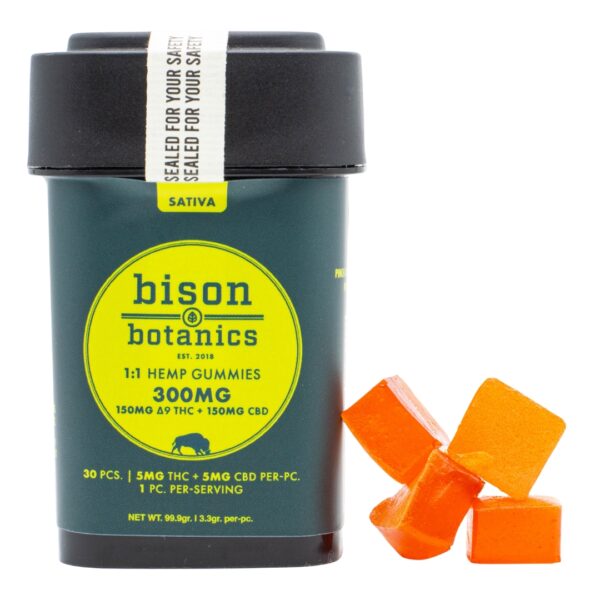 A 30-count container of Bison Botanics 1:1 Sativa Gummies, next to a pile of the gummies, on a clear background