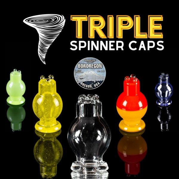 Several spinner bubble caps, made by BorOregon, on a black background