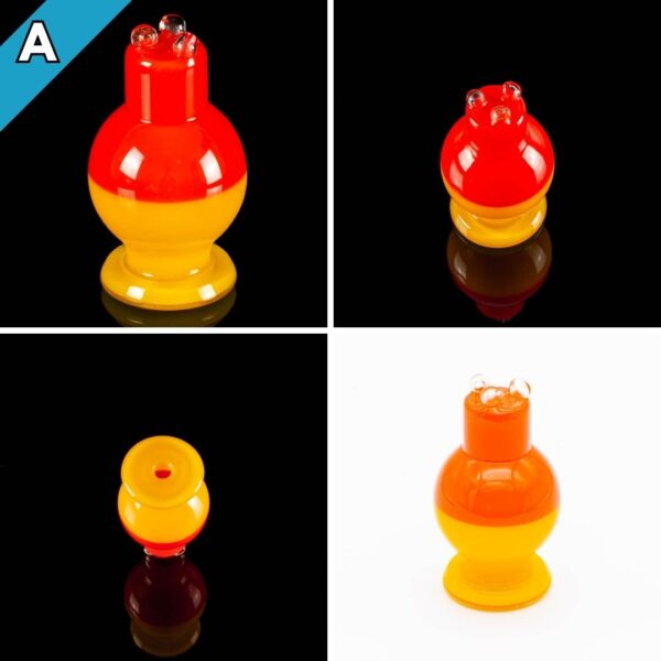 A red and yellow spinner bubble cap, made by BorOregon, on a black background