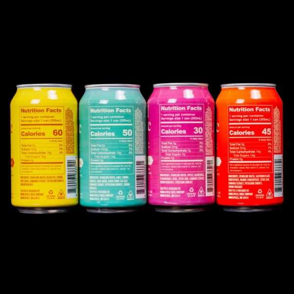 The backs of the cans of Half & Half, Lime Margarita, Berry Basil, and Mimosa flavored infused sparkling beverages, made by Trail Magic, on a black background