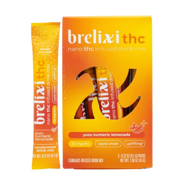 One packet of Brelixi Nano THC Infused Drink Mix, next to a 5-pack, on a clear background