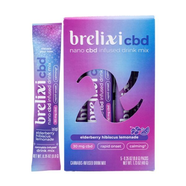 One packet of Brelixi Nano CBD Infused Drink Mix, next to a 5-pack, on a clear background