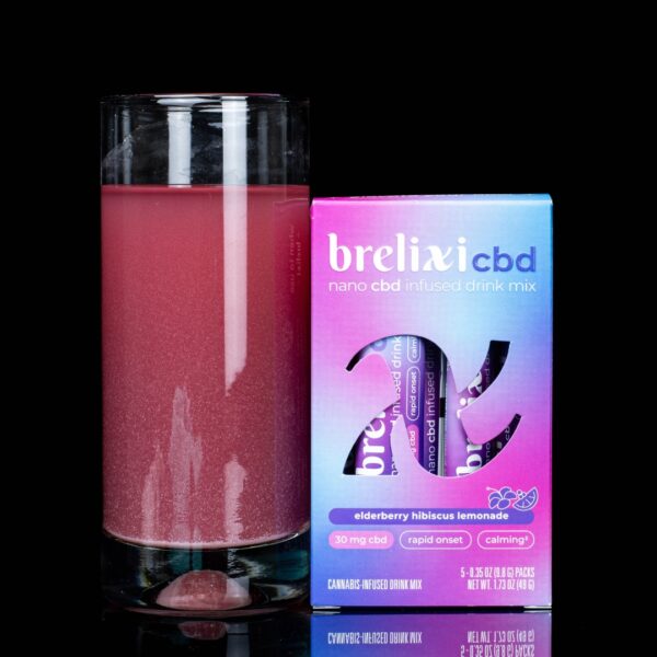 A 5-pack of Brelixi Nano CBD Infused Drink Mix, next to a drinking glass containing a mixture of water and the mix, on a black background.