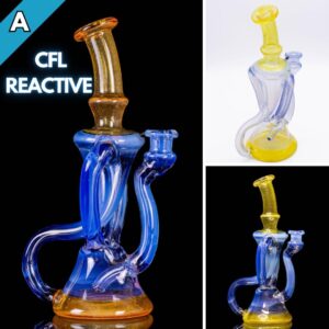 Three photos of a yello and blue CFL reactive dual recycler by Quasi Glass, on a white background and a black background
