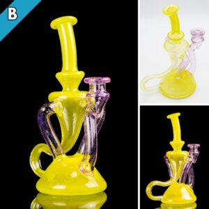 Three photos of a yellow and pink dual recycler by Quasi Glass, on a white background and a black background