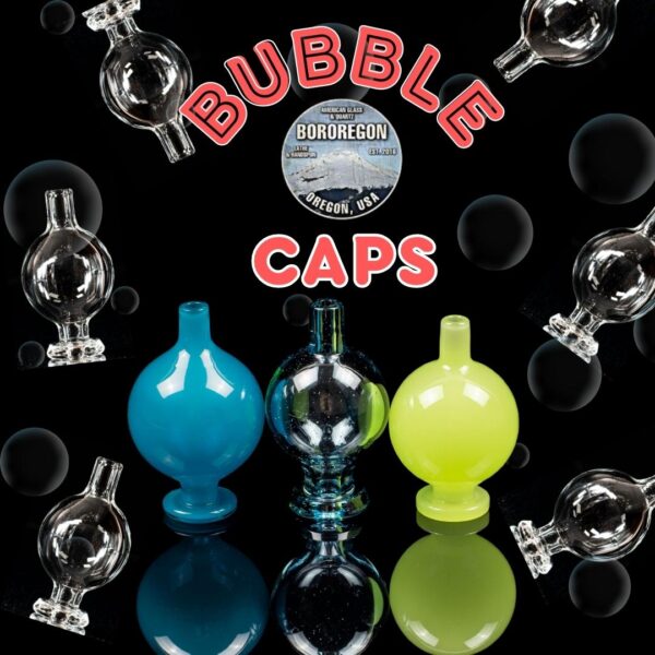 Several bubble caps, made by BorOregon, on a black background
